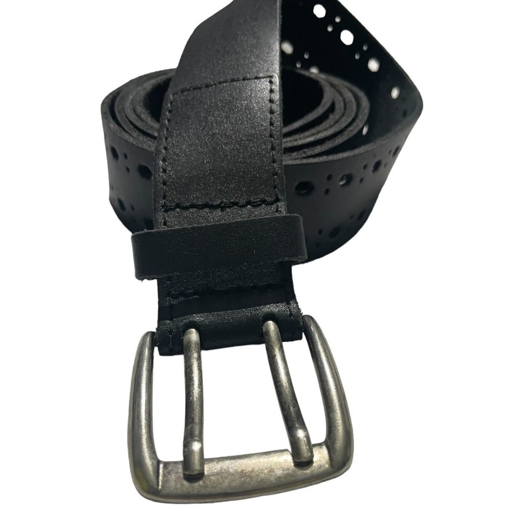 Mens Black Leather Belt Double Prong Buckle Perforated Laser Cut Design Strap